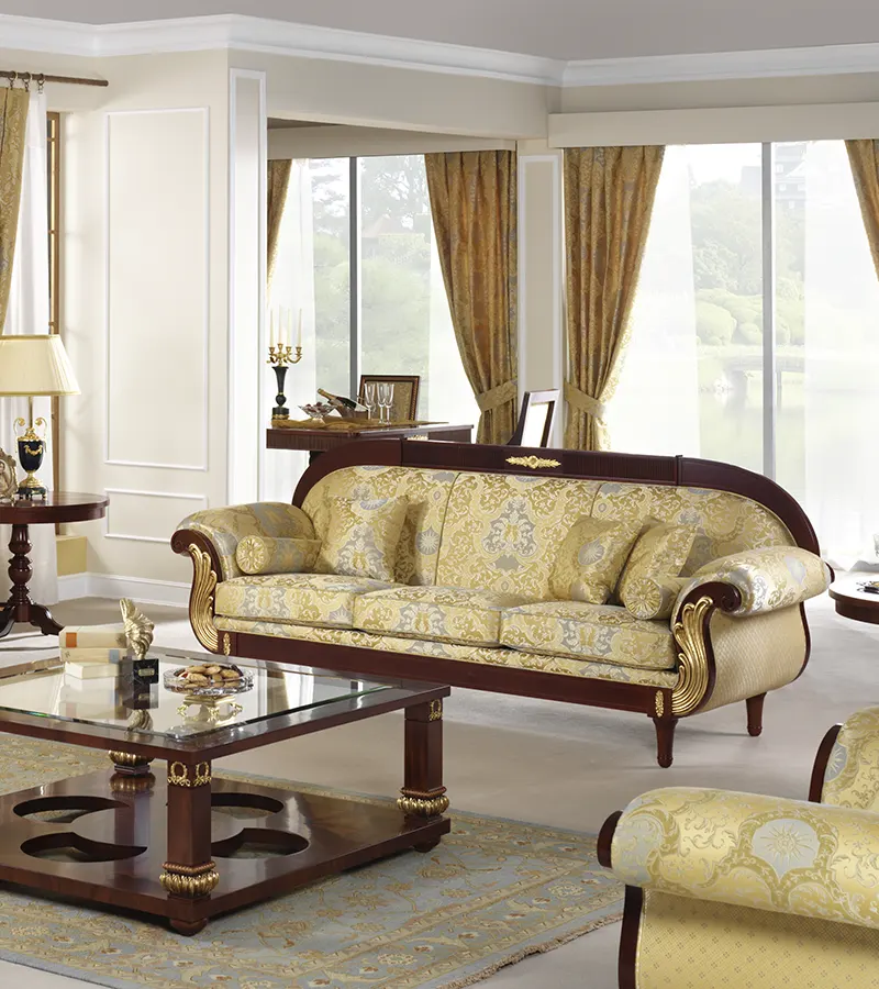 Classic luxury sofa for living room featuring handcrafted wood details, premium upholstery and elegant traditional design