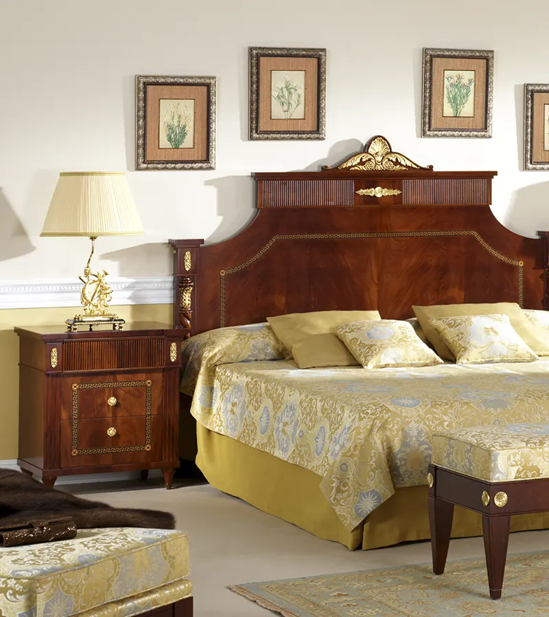 Classic wooden bedroom furniture collection featuring handcrafted bed, premium wood finishes and traditional luxury design