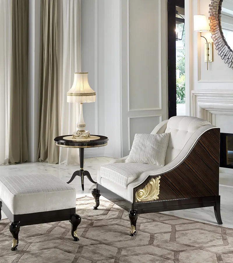 Handcrafted luxury chaise lounge chair with elegant curves, premium upholstery and classic furniture craftsmanship