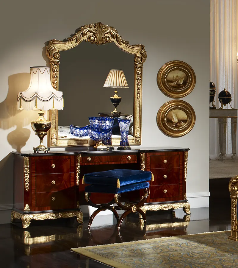 Luxury bedroom dresser with mirror made in Spain featuring handcrafted wood furniture, elegant finishes and classic design