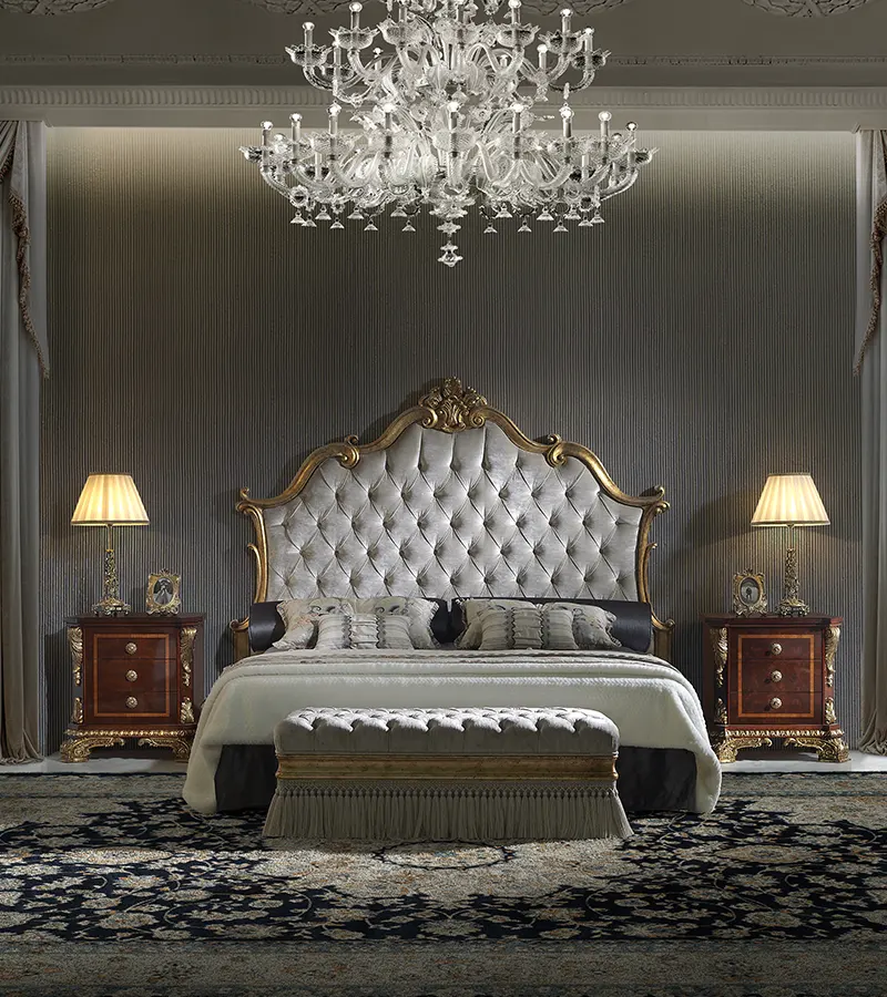 Luxury classic bedroom furniture made in Spain featuring handcrafted bed, premium upholstery and elegant traditional design