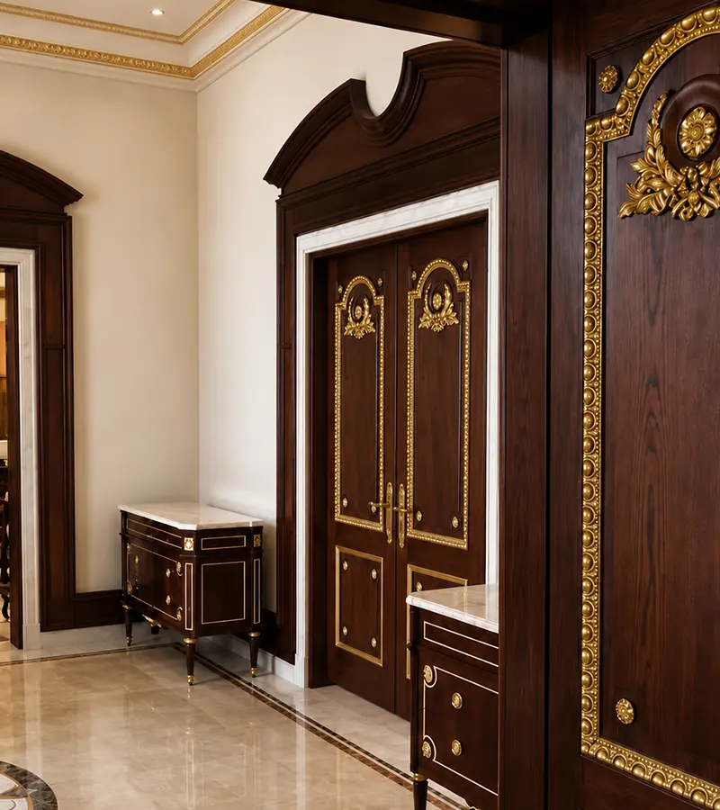 Luxury classic interior doors handcrafted in Spain with elegant wood finishes and decorative details