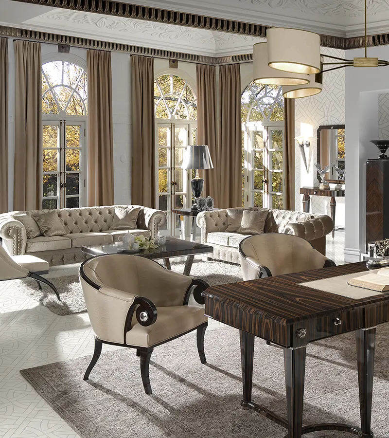 Luxury classic living room furniture made in Spain featuring handcrafted sofas, armchairs and premium wood furniture