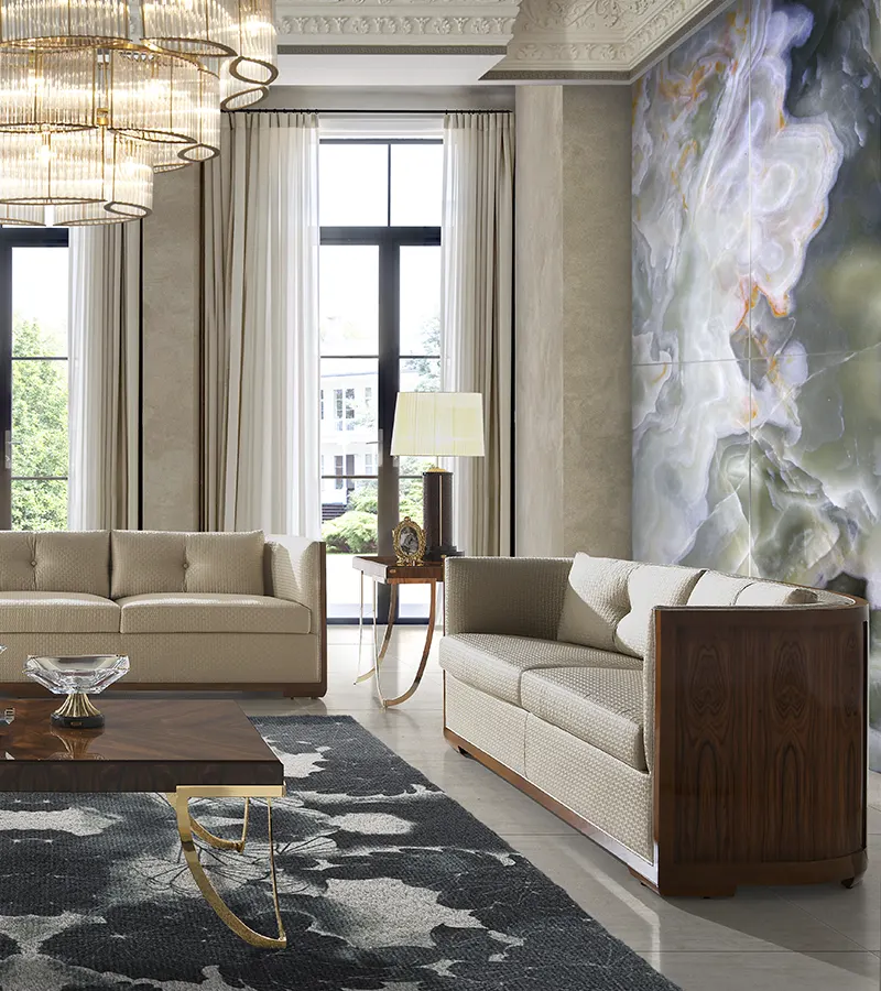 Modern classic living room interior design featuring luxury furniture, elegant materials and sophisticated decorative elements